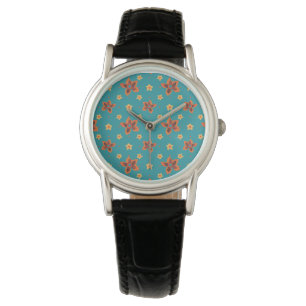 Retro-Blumen und Punkte auf türkisfarbenen Armband Armbanduhr
