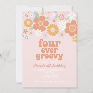Retro-Blumen-Vier-immer-groovy-zum-4-Geburtstag Einladung