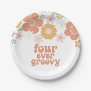 Retro Blumen Vier super groovy 4. Geburtstag Pappteller