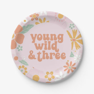 Retro Blumen Young Wild Drei Geburtstag Papier Tel Pappteller