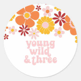Retro-Blumen- Young Wild Drei Geburtstag Runder Aufkleber