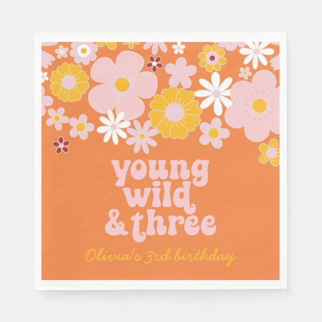 Retro-Blumen Young Wild Three Geburtstag Serviette (Vorderseite)