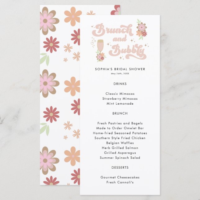 Retro-Blumenbrunch und Bubbly-Brautparty Menükarte (Vorne/Hinten)