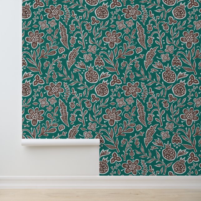 Retro-Blumendesign mit Blumen und Früchten. Tapete (Anwendung)