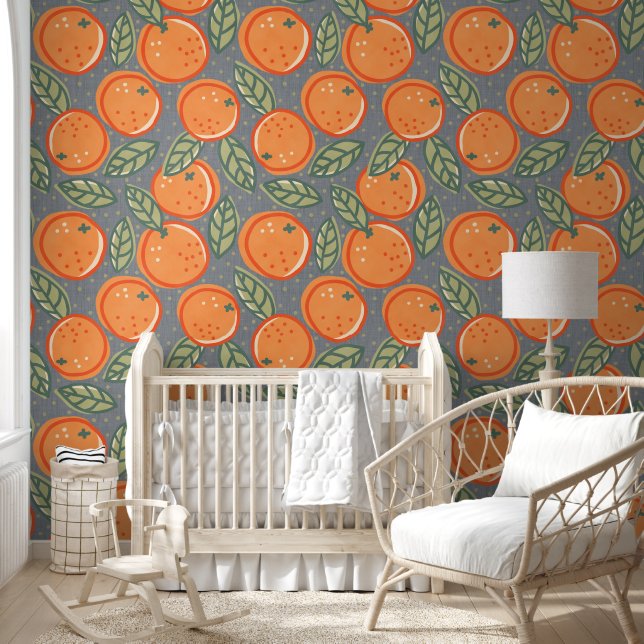 Retro Blumendesign mit Orangen. Tapete (Kinder)