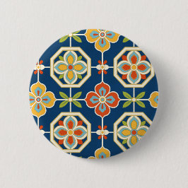 Retro-Blumenfliesenmuster Navyblau Orange & Gold Button