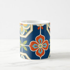 Retro-Blumenfliesenmuster Navyblau Orange & Gold Kaffeetasse