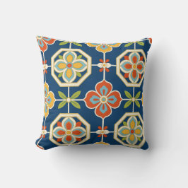 Retro-Blumenfliesenmuster Navyblau Orange Kissen