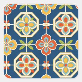 Retro-Blumenfliesenmuster Quadratischer Aufkleber