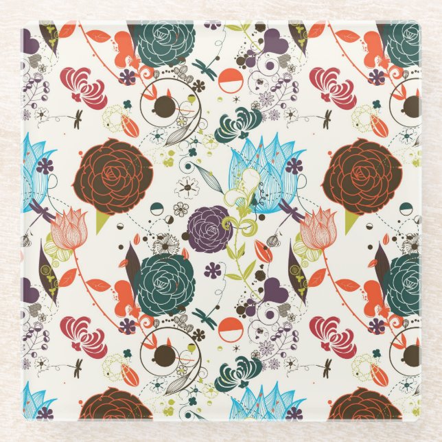 Retro Blumenmuster 2 2 Glasuntersetzer (Vorderseite)