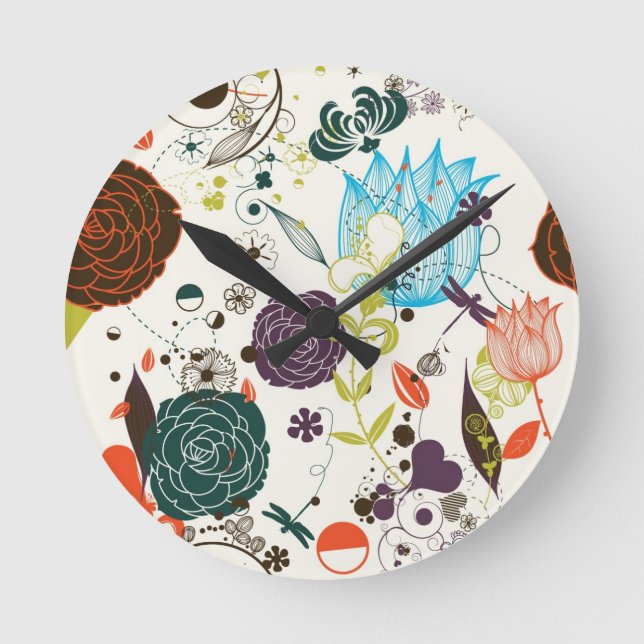 Retro-Blumenmuster 2 Runde Wanduhr (Vorderseite)