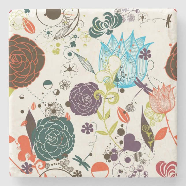 Retro Blumenmuster 2 Steinuntersetzer (Vorderseite)