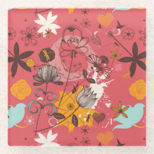 Retro Blumenmuster 4 Glasuntersetzer