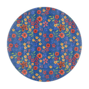 Retro-Blumenmuster auf blauem Glas-Schneidbrett Schneidebrett