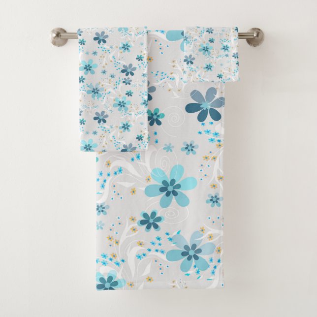 Retro , Blumenmuster , blau , grau , Blume Badhandtuch Set (Insitu)