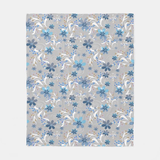 Retro , Blumenmuster , blau , grau , Blume Fleecedecke (Vorderseite)
