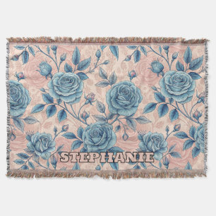 Retro-Blumenmuster Blaue Rose auf weichem rosa Hin Decke