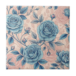 Retro-Blumenmuster Blaue Rose auf weichem rosa Hin Fliese