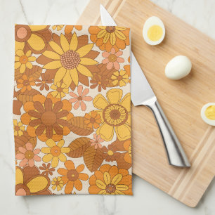 Retro-Blumenmuster Braun Gelb 70er Jahre Geschirrtuch