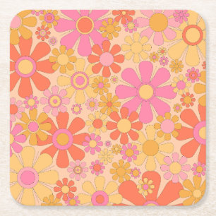 Retro-Blumenmuster Groovy 60er 70er Blumen Rechteckiger Pappuntersetzer