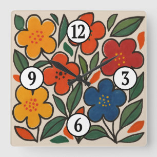Retro-Blumenmuster im Stil der 1960er Jahre Quadratische Wanduhr