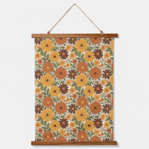 Retro-Blumenmuster im Stil der 70er Jahre Wandteppich Mit Holzrahmen