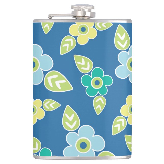 Retro-Blumenmuster in Blau Flachmann (Vorderseite)