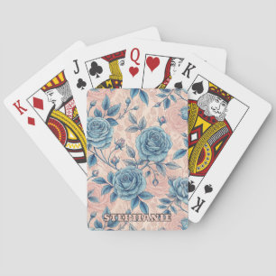 Retro-Blumenmuster in Blautönen auf weichem rosa H Spielkarten