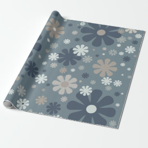 Retro-Blumenmuster in Stahlblau und Taupe Geschenkpapier