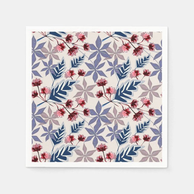 Retro-Blumenmuster mit rosa, bordeauxfarbenen Blum Serviette (Vorderseite)