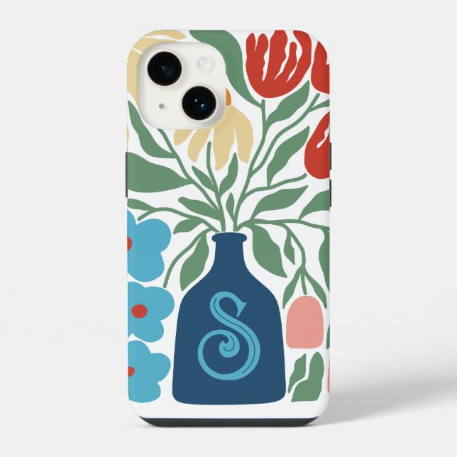Retro-Blumenmuster-Monogramm Anfangsbuchstabe iPhone Hülle (Rückseite)