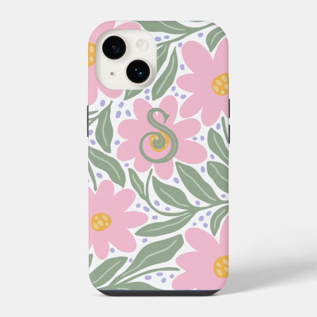 Retro-Blumenmuster-Monogramm Anfangsbuchstabe iPhone Hülle (Rückseite)