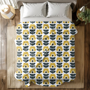 Retro-Blumenmuster Navy und Senfgelb Fleecedecke