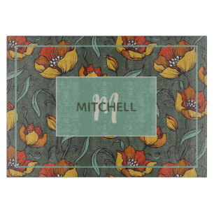 Retro-Blumenmuster Orange Gold Türkis Personalisie Schneidebrett