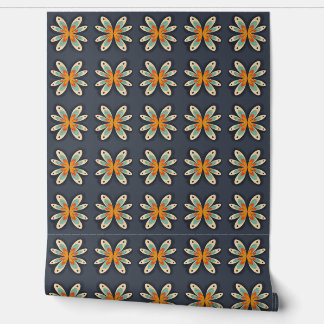 Retro-Blumenmuster Orange Marineblau Abstraktes Mu Tapete