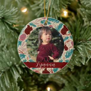 Retro-Blumenmuster-Rahmen Baby's erstes Weihnachte Keramik Ornament