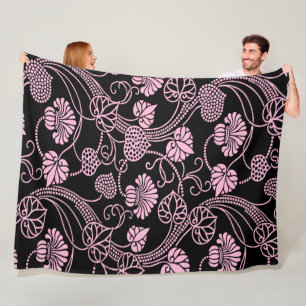Retro-Blumenmuster Rosa auf Schwarz Fleecedecke