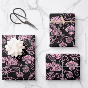 Retro-Blumenmuster Rosa auf Schwarz Geschenkpapier Set