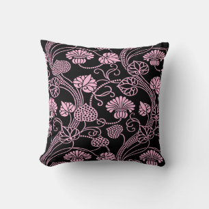 Retro-Blumenmuster Rosa auf Schwarz Kissen