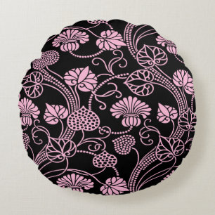 Retro-Blumenmuster Rosa auf Schwarz Rundes Kissen