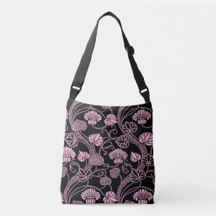 Retro-Blumenmuster Rosa auf Schwarz Tragetaschen Mit Langen Trägern