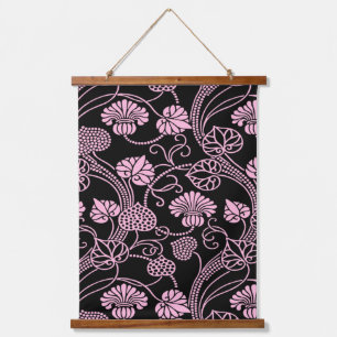 Retro-Blumenmuster Rosa auf Schwarz Wandteppich Mit Holzrahmen