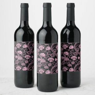 Retro-Blumenmuster Rosa auf Schwarz Weinetikett