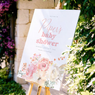 Retro-Blumenmuster-Rosa-Baby-Party-Empfangsschild Poster