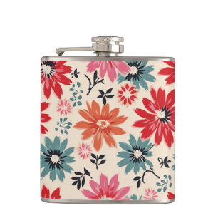 Retro-Blumenmuster Rot Orange Blau Flachmann