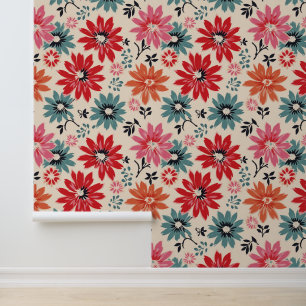 Retro-Blumenmuster Rot Orange Blau Tapete