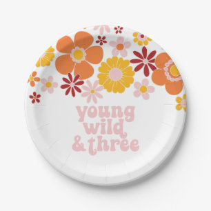 Retro-Blumenmuster Young Wild drei Geburtstag Pappteller