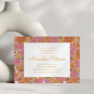 Retro-Blumenrand Orange Pink Quinceañera Einladung