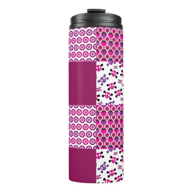 Retro Blumenschädel-Polkapunkt Thermosbecher (Vorderseite)