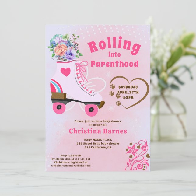 Retro Blumenwalzenlaufbahn boho Babydusche Einladung (Stehend Vorderseite)